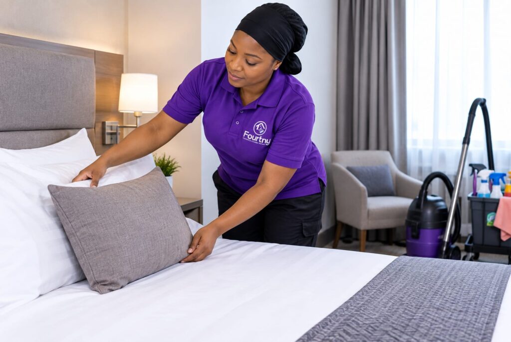 lady arranging pillows at Fourtny airbnb service